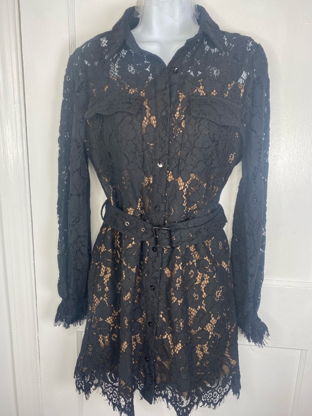 Fate New NWOT Black Lace Long-Sleeve Nude Shirt Dress with Belt